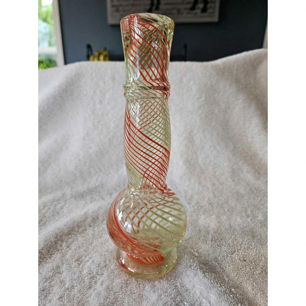 Orange Yellow Swirl Hand Blown Glass Vase 8.5 Inch Tall